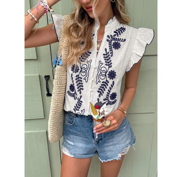 Cotton White Button Down Shirt Blue Floral Embroidery Ruffle Cap Sleeves V-Neck - Picture 3 of 9